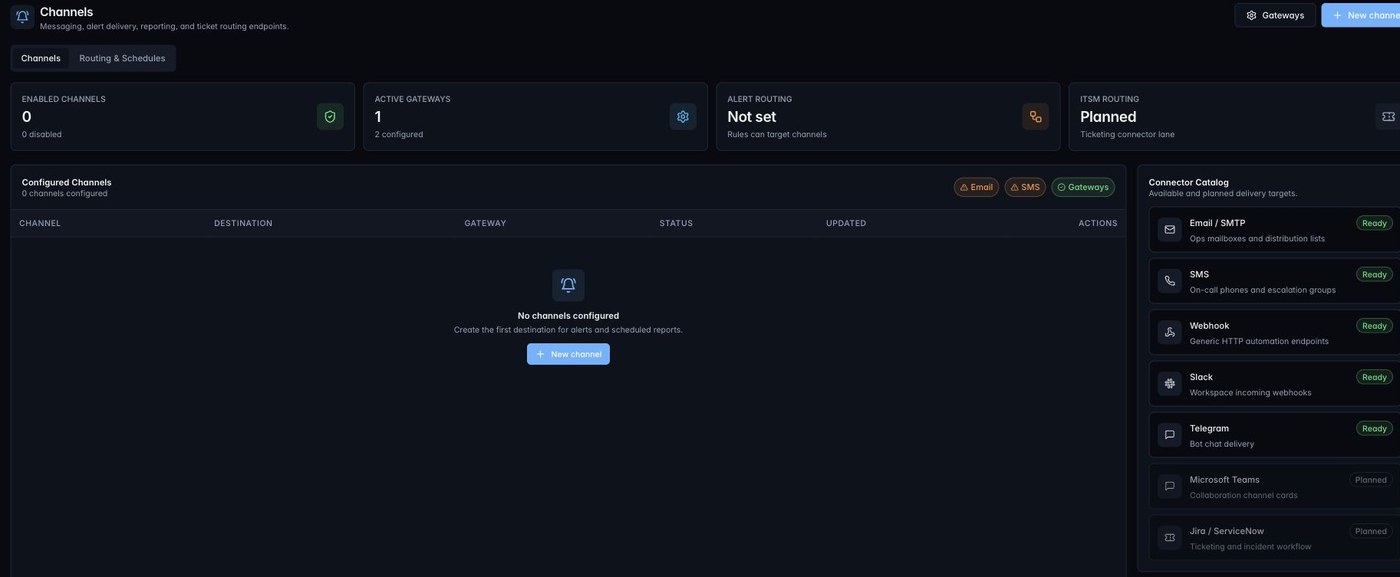ZenPlus channels and routing page showing alert delivery connectors and gateway readiness