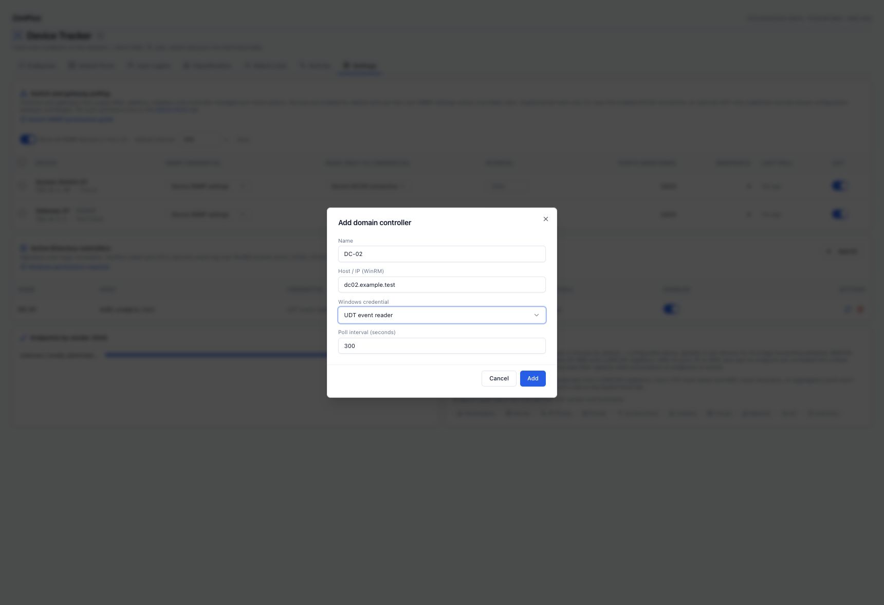 Add domain controller: a display name, certificate-matching host, saved Windows credential and polling interval.