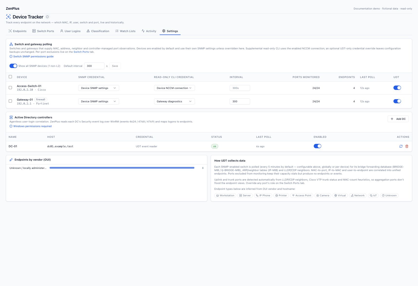 Settings separates device SNMP inheritance, optional SSH diagnostic credentials, polling intervals and domain-controller collection.