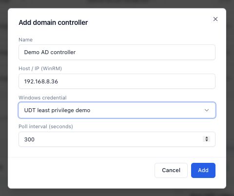 Controller onboarding example: select the tested ordinary-account credential and a 300-second interval. This tutorial form was captured before submission.