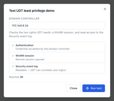 Real development-appliance result for the ordinary account: Authentication, WinRM session and Security event log all pass.