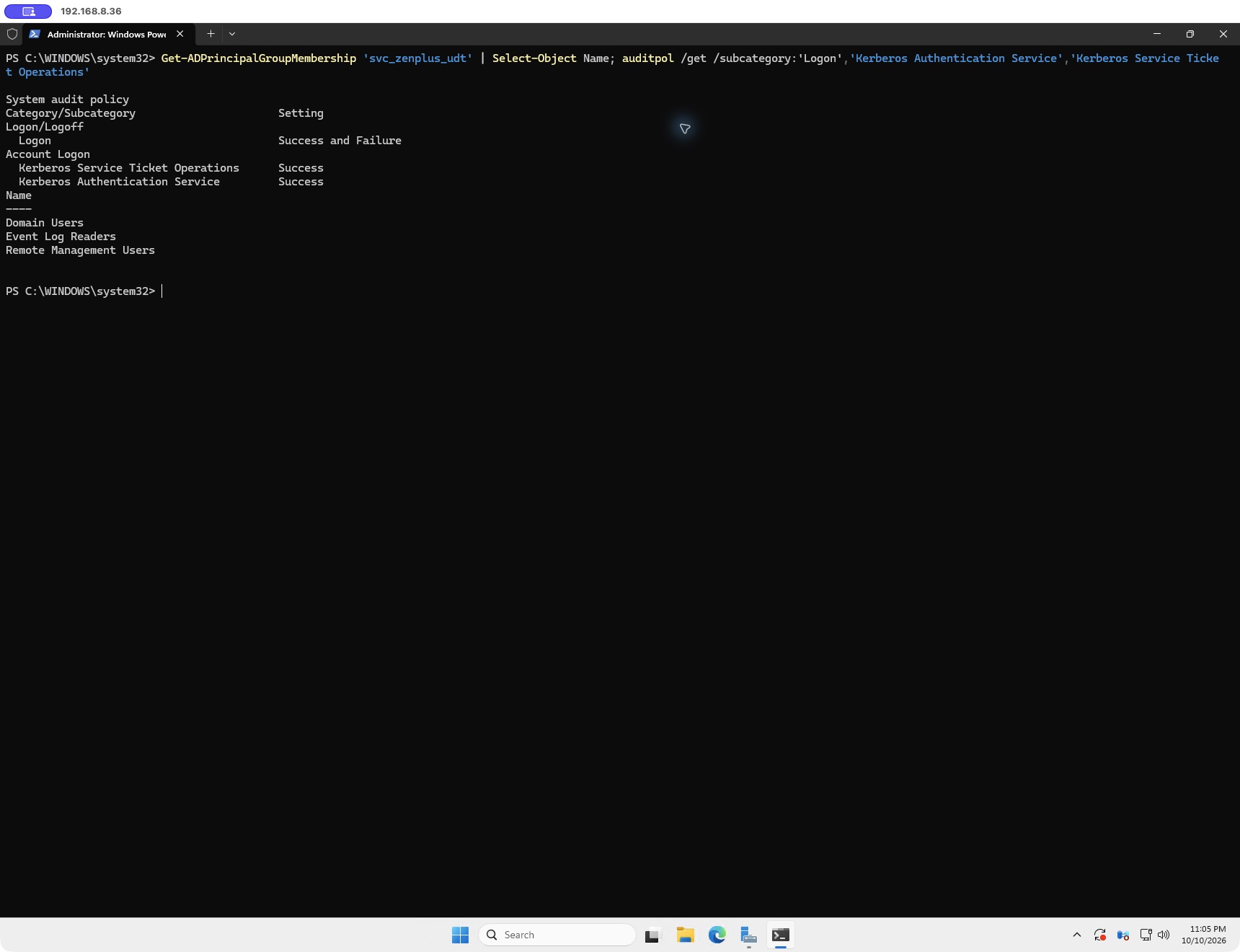 Read-only PowerShell verification: the three account groups and effective successful authentication auditing.