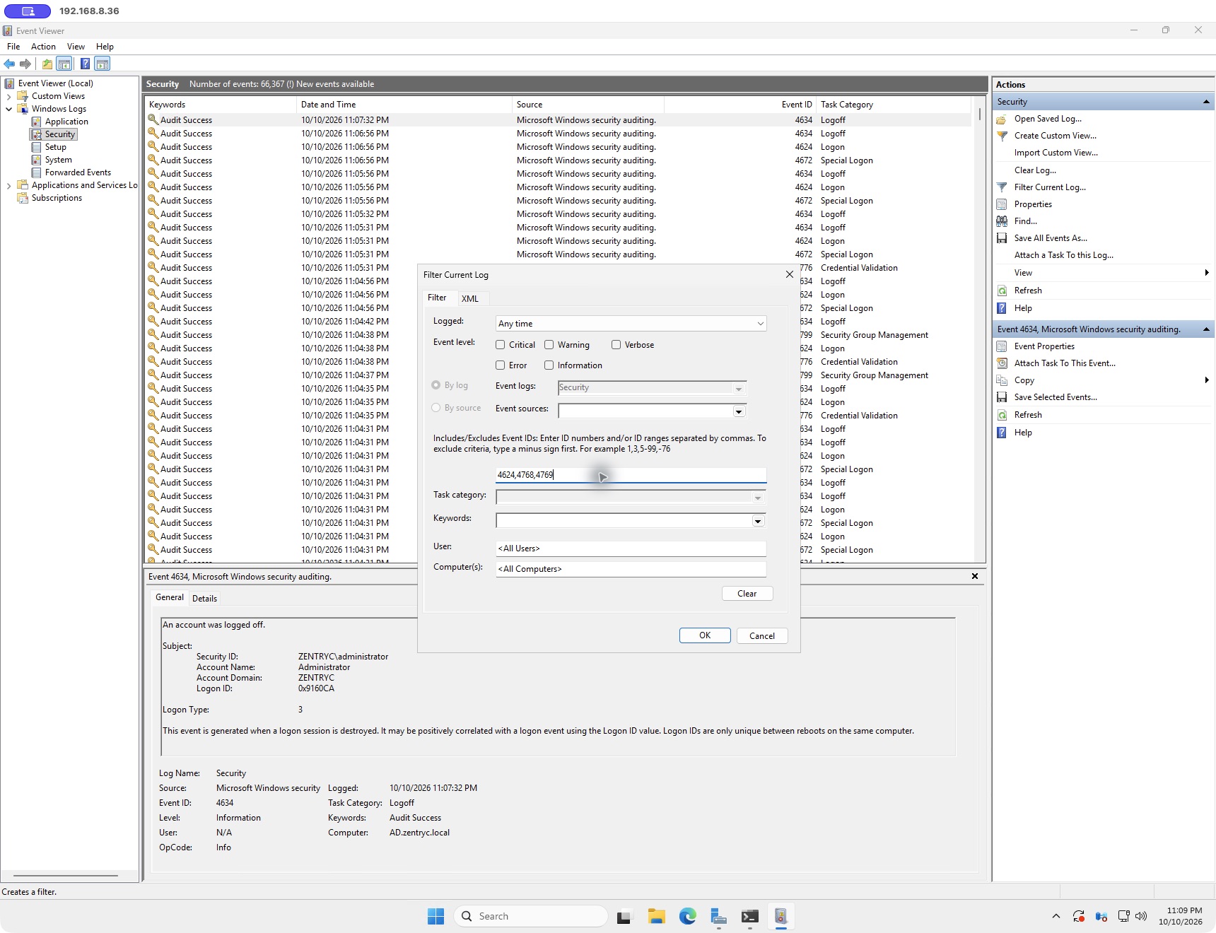 Event Viewer → Security → Filter Current Log: enter the three required event IDs.