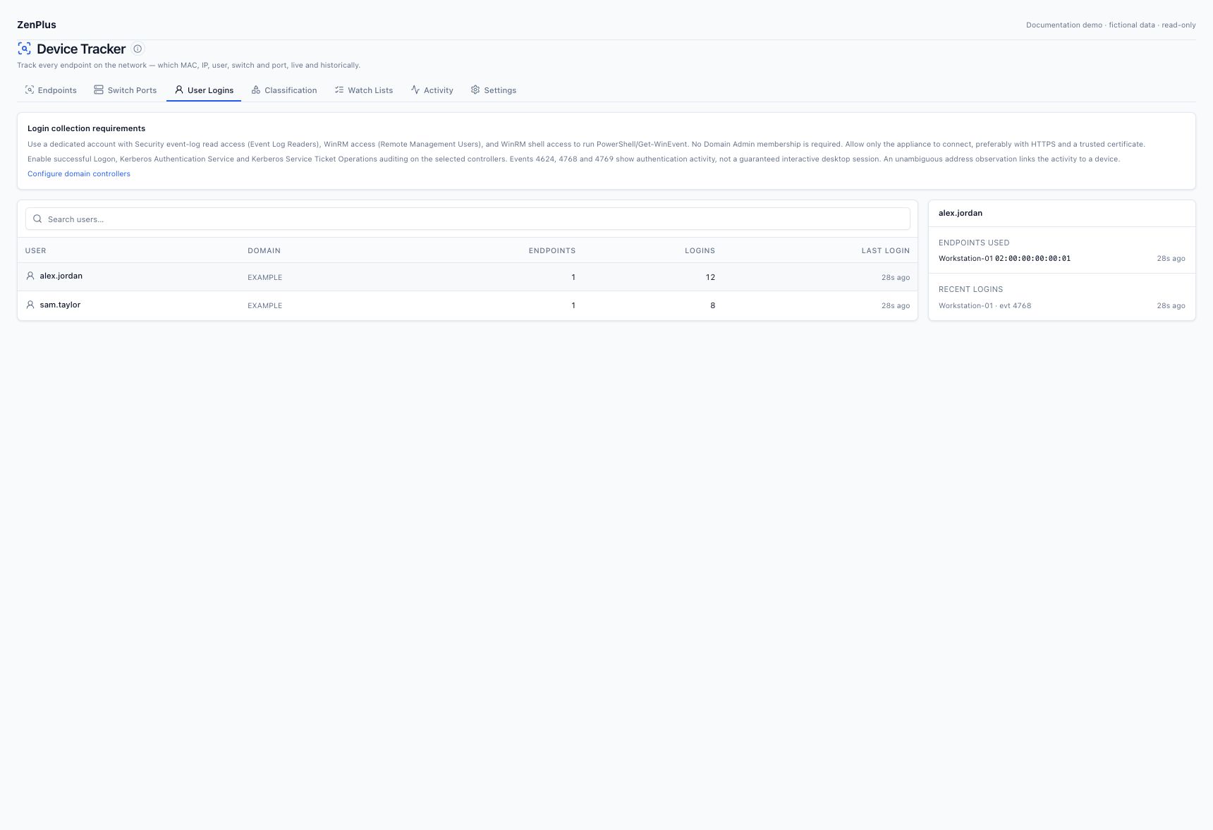 User Logins example: select a user to inspect recent authentication events and correlated endpoint links.