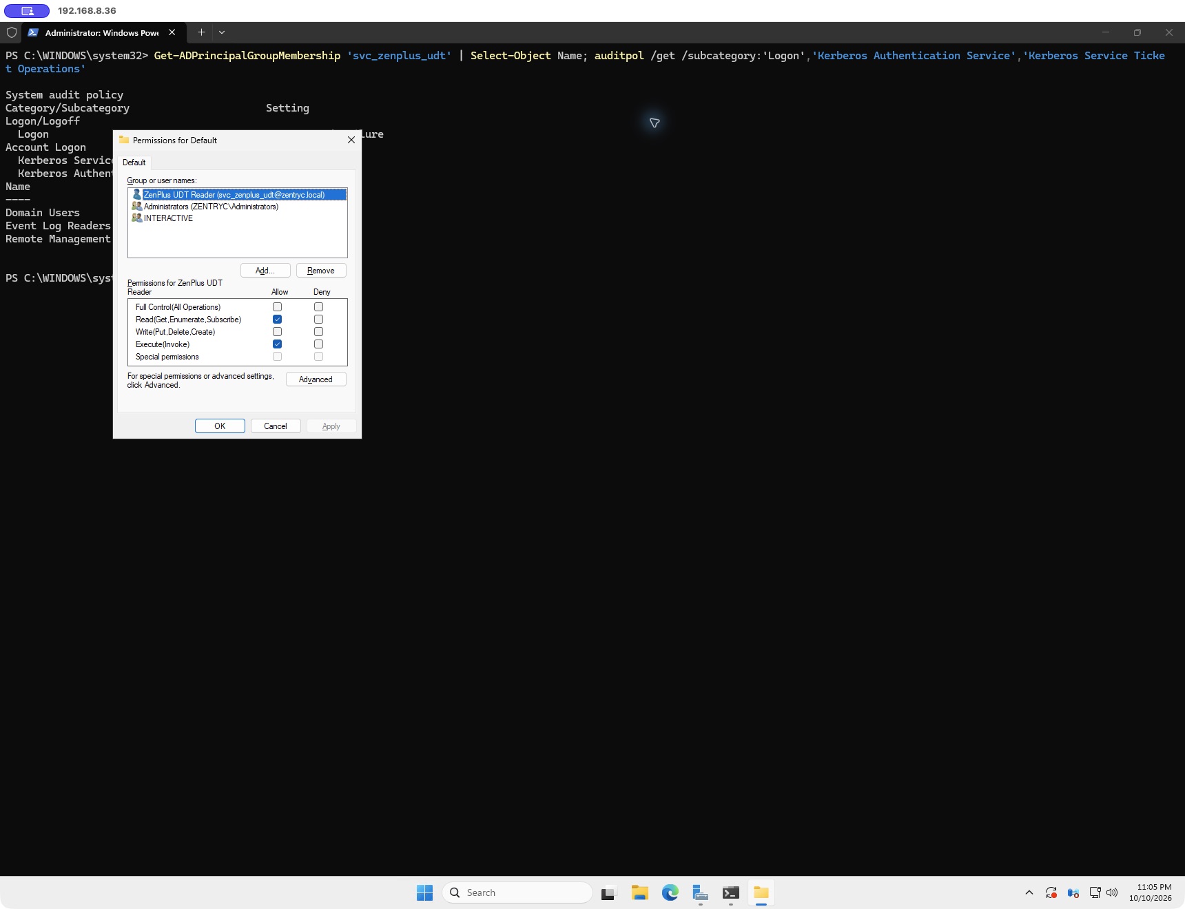 WinRM Permissions for Default: the dedicated account has Read and Execute; Full Control and Write are unchecked.